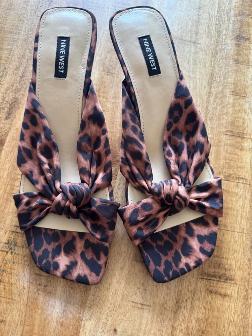 Nine West WN DIPA 2 Leopard Print Knot Slide Sandals - Black Brown kitten heels